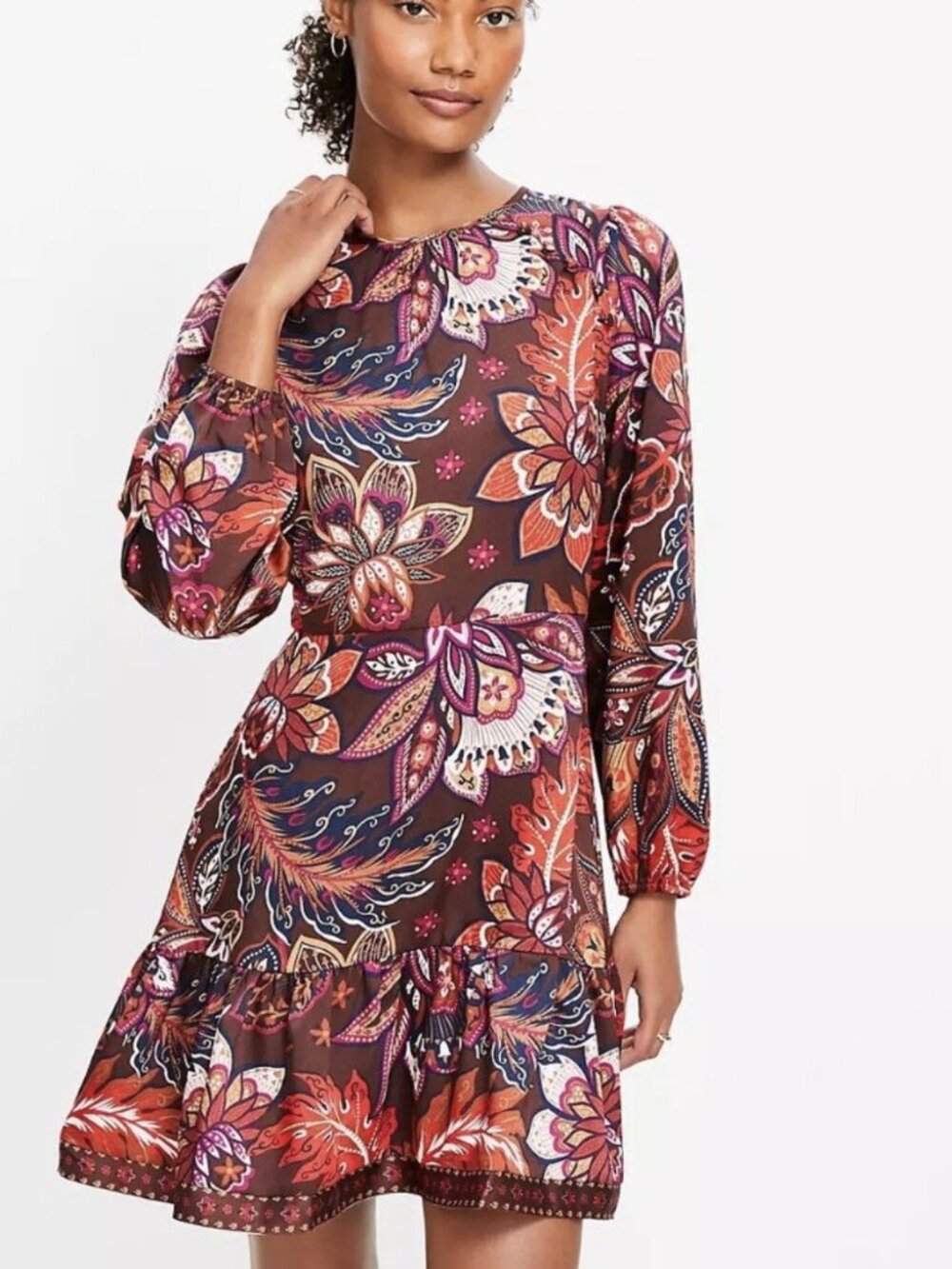 Ann Taylor Loft Mod Button Detail Paisley Retro Flounce Hem Dress Size 4 Brown